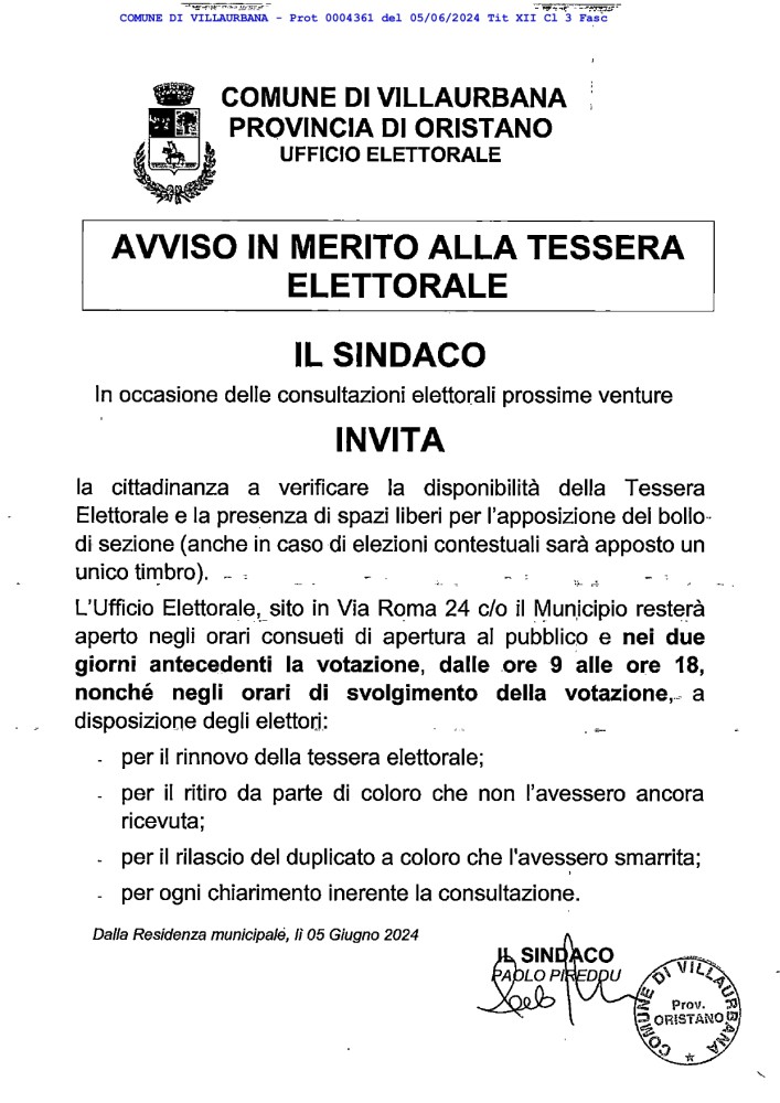 AVVISO IN MERITO ALLA TESSERA ELETTORALE